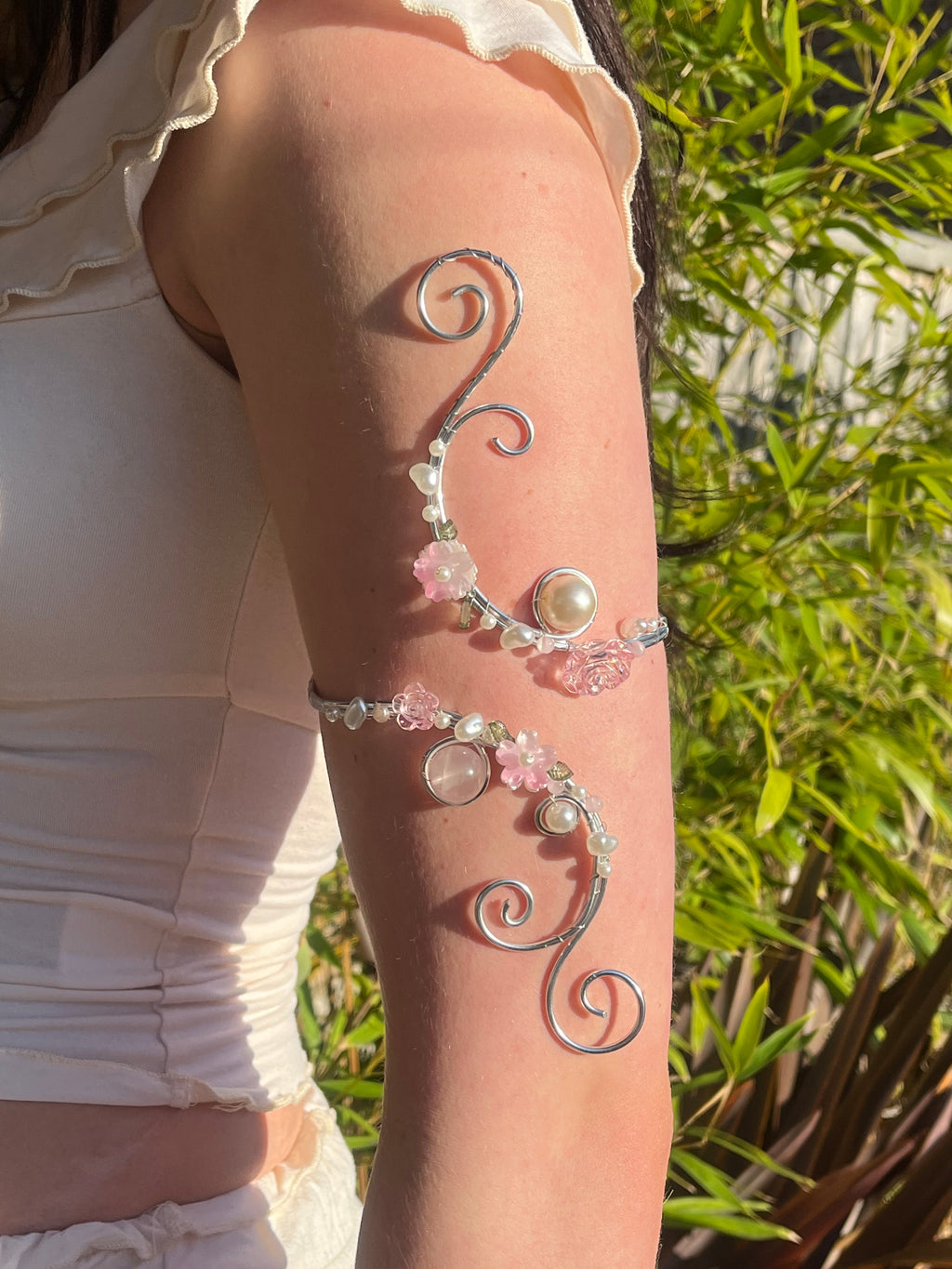 Silver pink blossom cuff