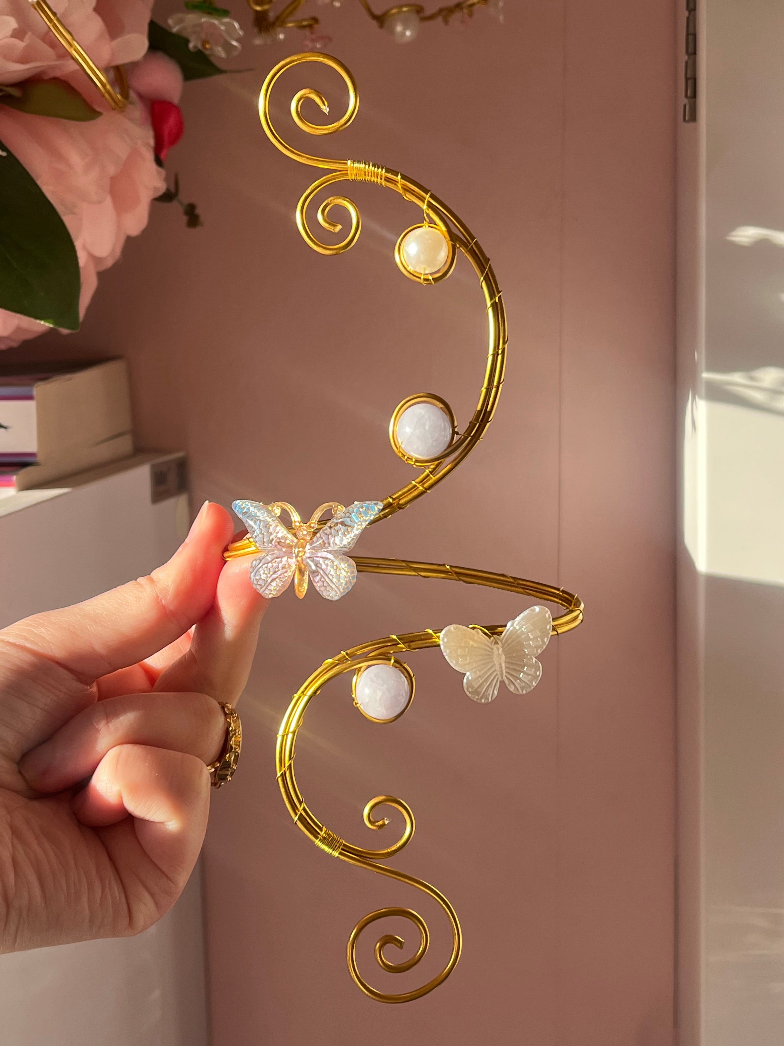 Blue pearly butterfly gold cuff